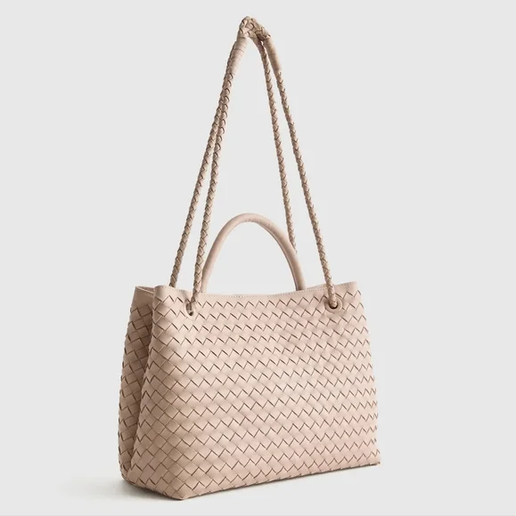 NWT QUINCE LARGE ITALIAN LEATHER HANDWOVEN SATCHEL TOTE BAG IN TAUPE - Picture 3 of 15